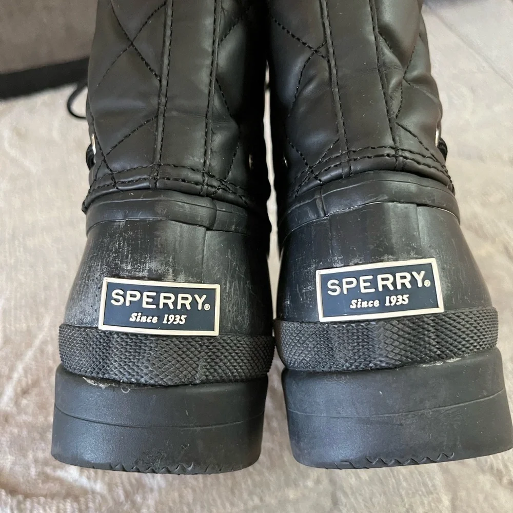 SPERRY Black QUILT DUCK BOOTS WOMEN'S Sz 8 Waterproof Rubber Winter Warm